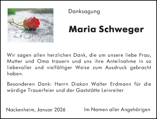 Traueranzeige von Maria Schweger von Allgemeine Zeitung Mainz