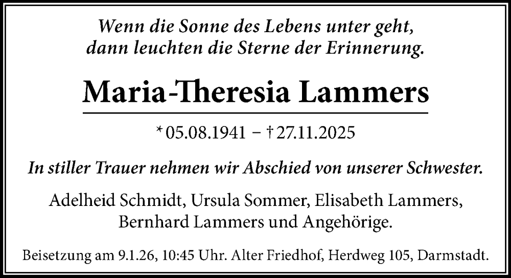  Traueranzeige für Maria-Theresia Lammers vom 03.01.2026 aus Darmstädter Echo