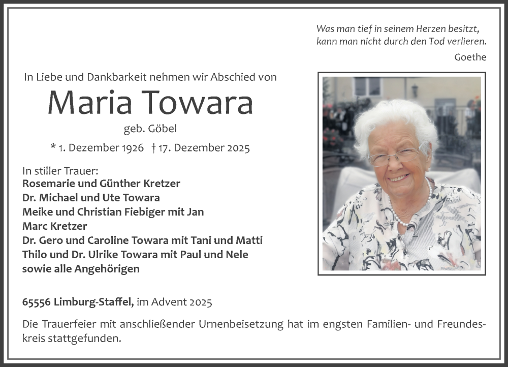  Traueranzeige für Maria Towara vom 03.01.2026 aus Nassauische Neue Presse