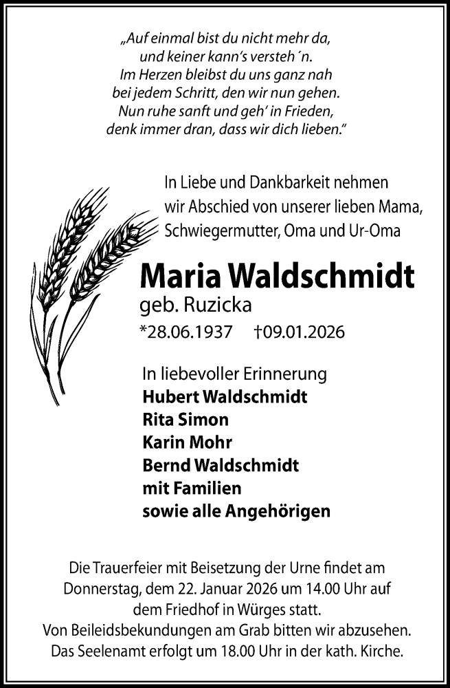  Traueranzeige für Maria Waldschmidt vom 15.01.2026 aus Camberger Anzeiger