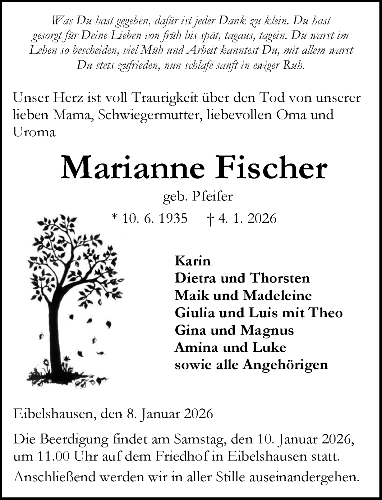  Traueranzeige für Marianne Fischer vom 08.01.2026 aus Dill Block