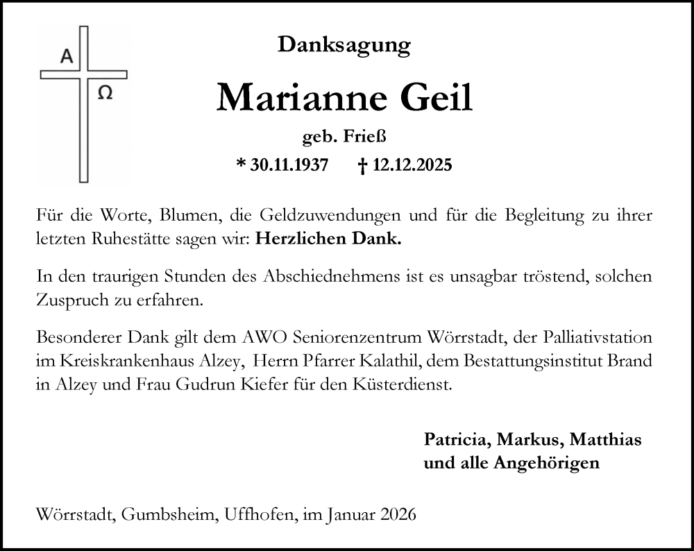  Traueranzeige für Marianne Geil vom 31.01.2026 aus Allgemeine Zeitung Alzey