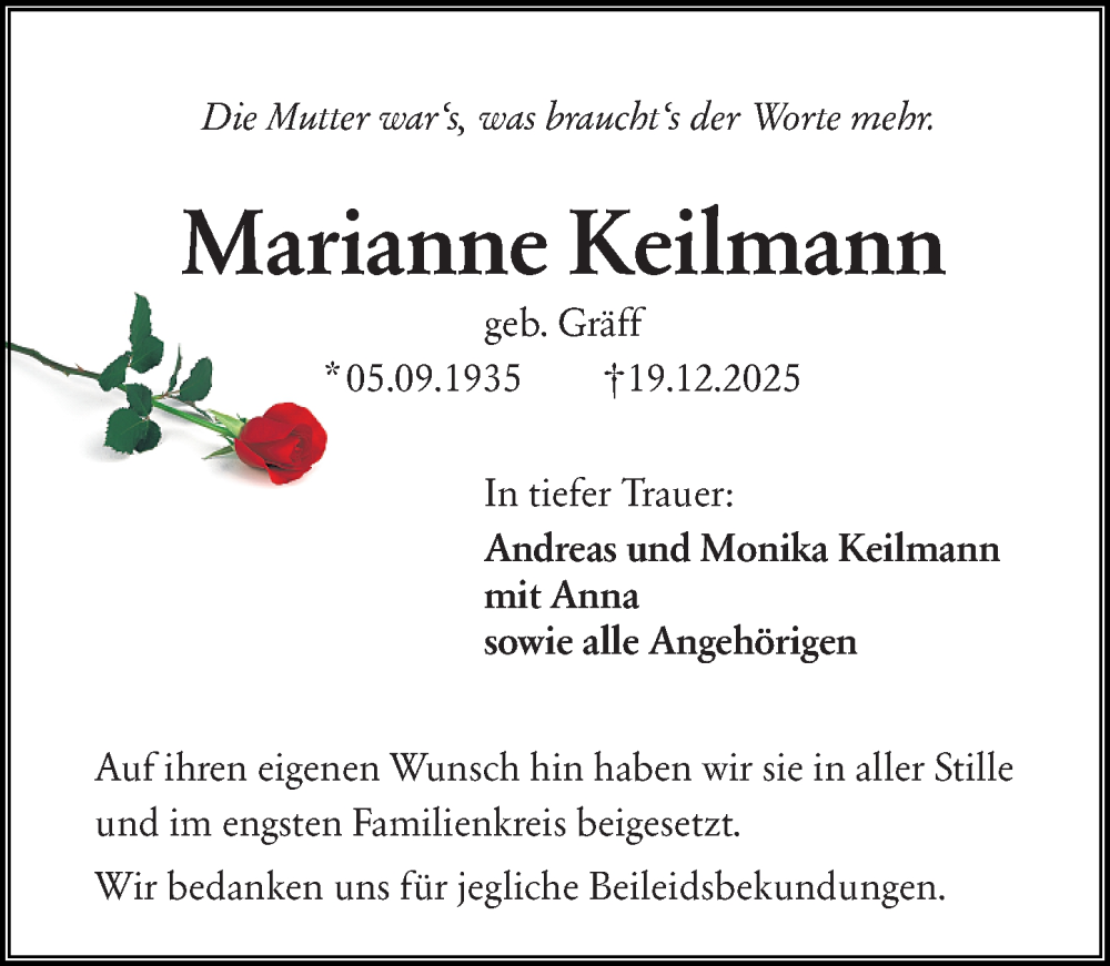  Traueranzeige für Marianne Keilmann vom 24.01.2026 aus Starkenburger Echo