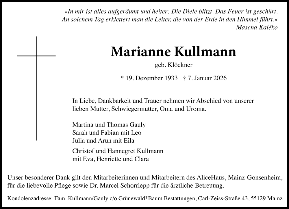  Traueranzeige für Marianne Kullmann vom 16.01.2026 aus Hochheimer Zeitung