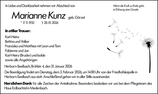 Traueranzeige von Marianne Kunz von Dill Block