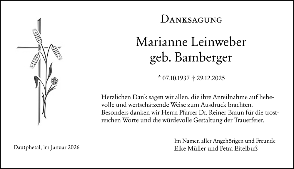  Traueranzeige für Marianne Leinweber vom 31.01.2026 aus Hinterländer Anzeiger