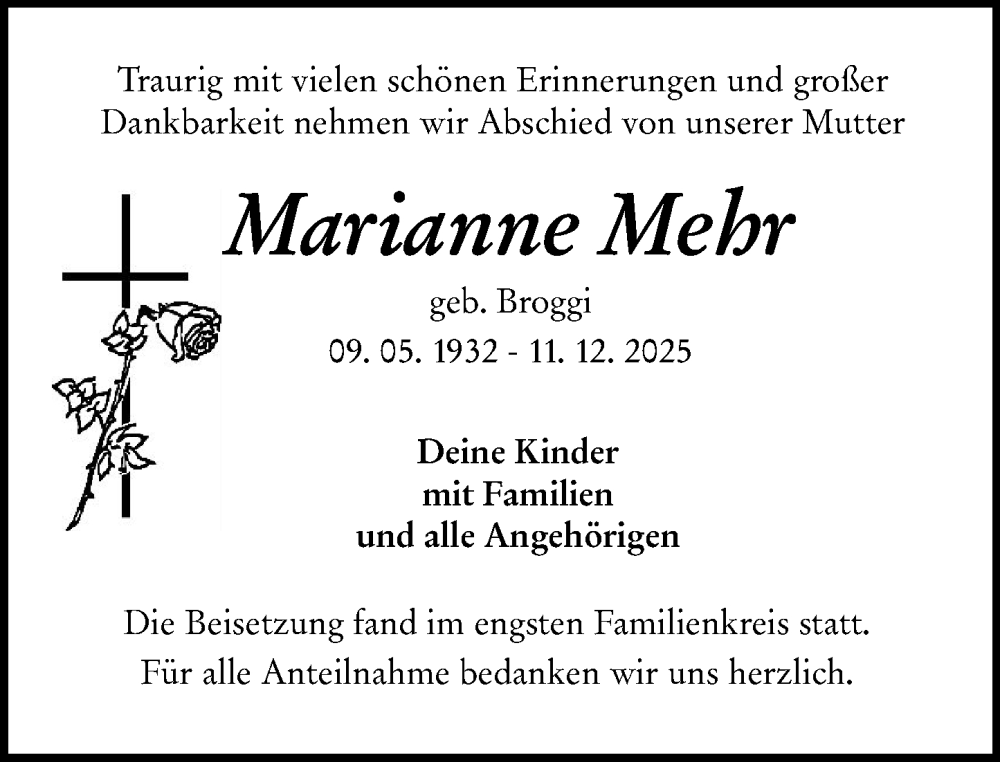  Traueranzeige für Marianne Mehr vom 10.01.2026 aus Wetzlarer Neue Zeitung