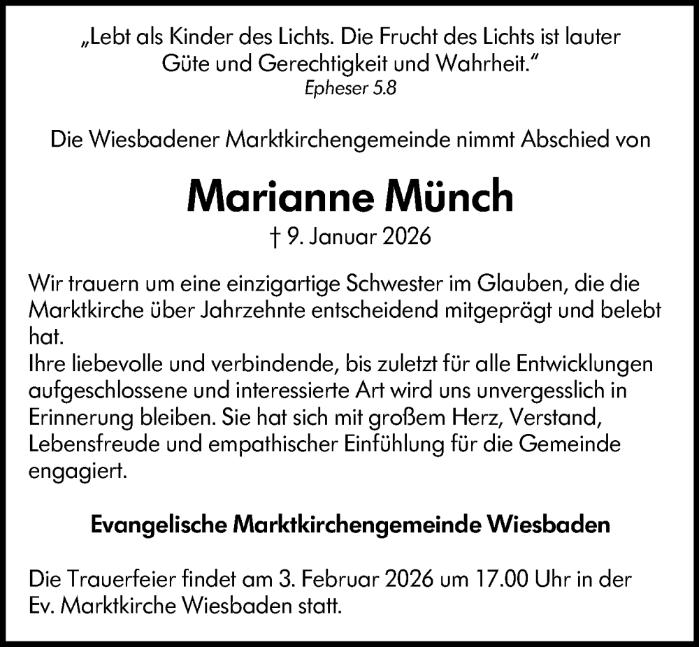  Traueranzeige für Marianne Münch vom 31.01.2026 aus Wiesbadener Kurier