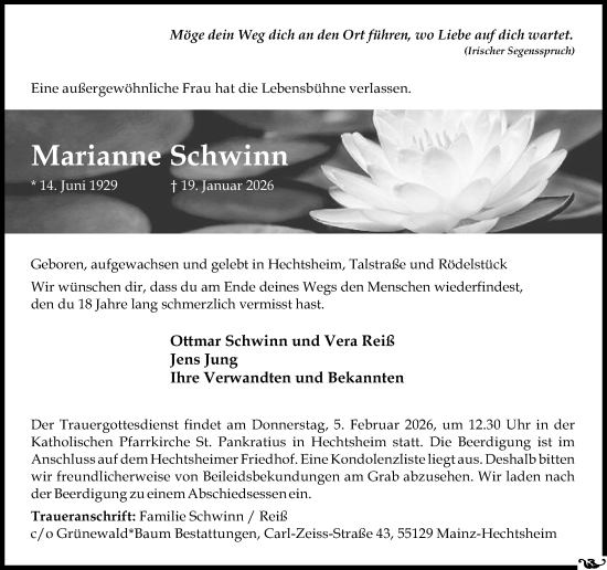Traueranzeige von Marianne Schwinn von Allgemeine Zeitung Alzey