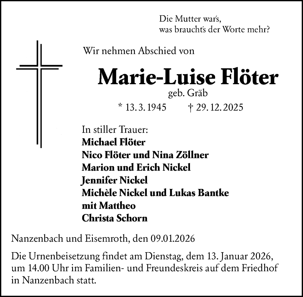  Traueranzeige für Marie-Luise Flöter vom 09.01.2026 aus Dill Block