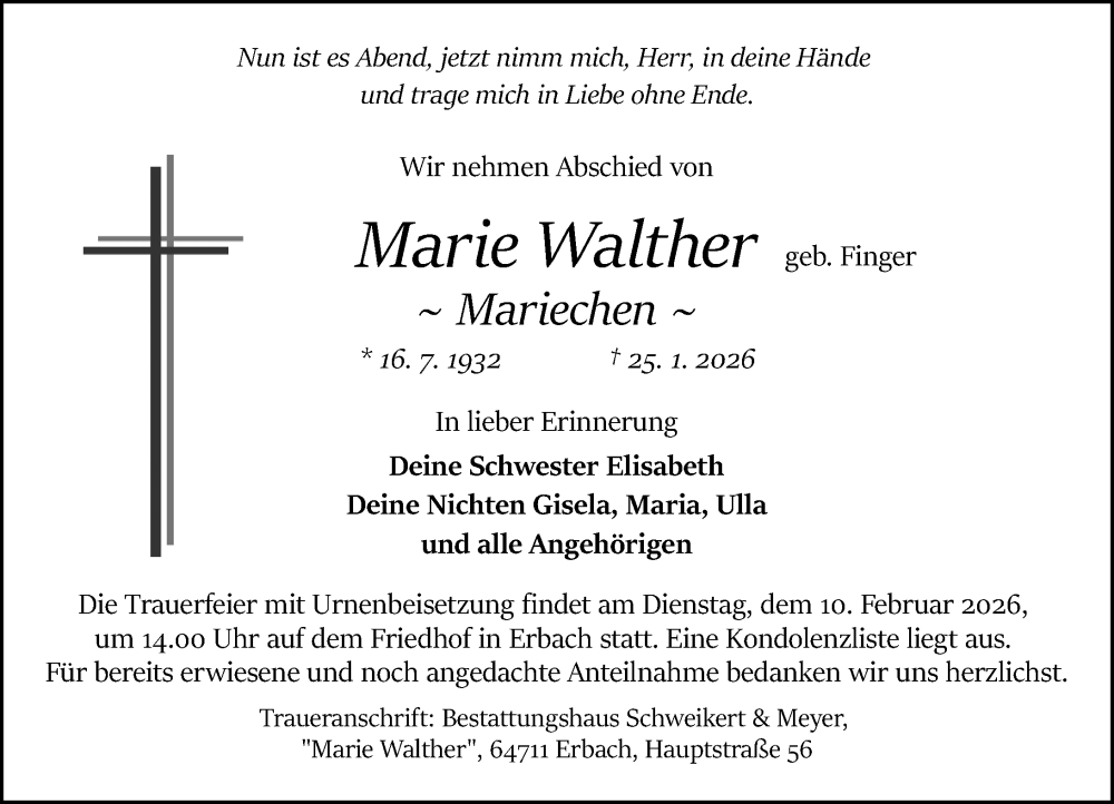  Traueranzeige für Marie Walther vom 31.01.2026 aus Odenwälder Echo