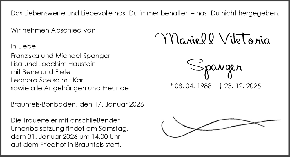  Traueranzeige für Mariell Viktoria Spanger vom 17.01.2026 aus Wetzlarer Neue Zeitung