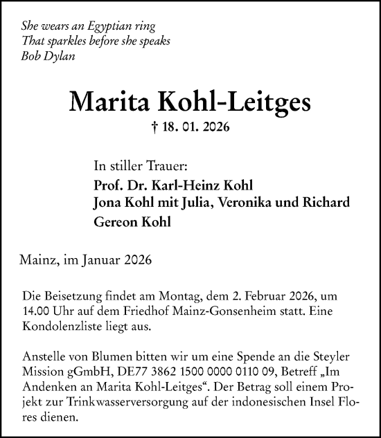 Traueranzeige von Marita Kohl-Leitges von Allgemeine Zeitung Mainz