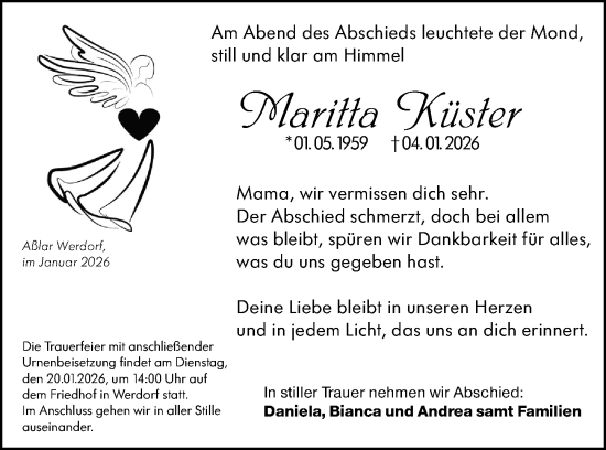 Traueranzeige von Marita Küster von Wetzlarer Neue Zeitung