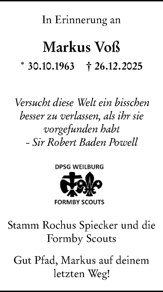  Traueranzeige für Markus Voß vom 14.01.2026 aus Weilburger Tageblatt