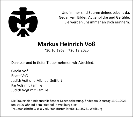 Traueranzeige von Markus Heinrich Voß von Weilburger Tageblatt