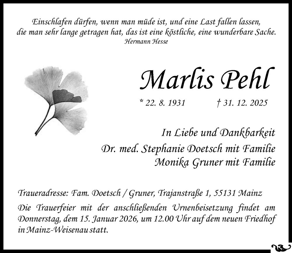  Traueranzeige für Marlis Pehl vom 10.01.2026 aus Allgemeine Zeitung Mainz