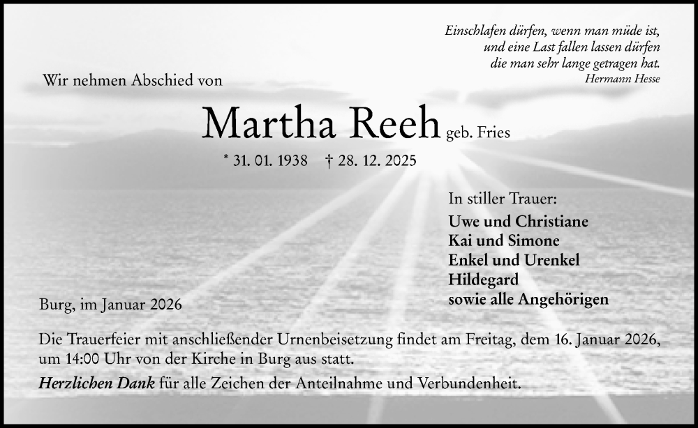  Traueranzeige für Martha Reeh vom 13.01.2026 aus Dill Block