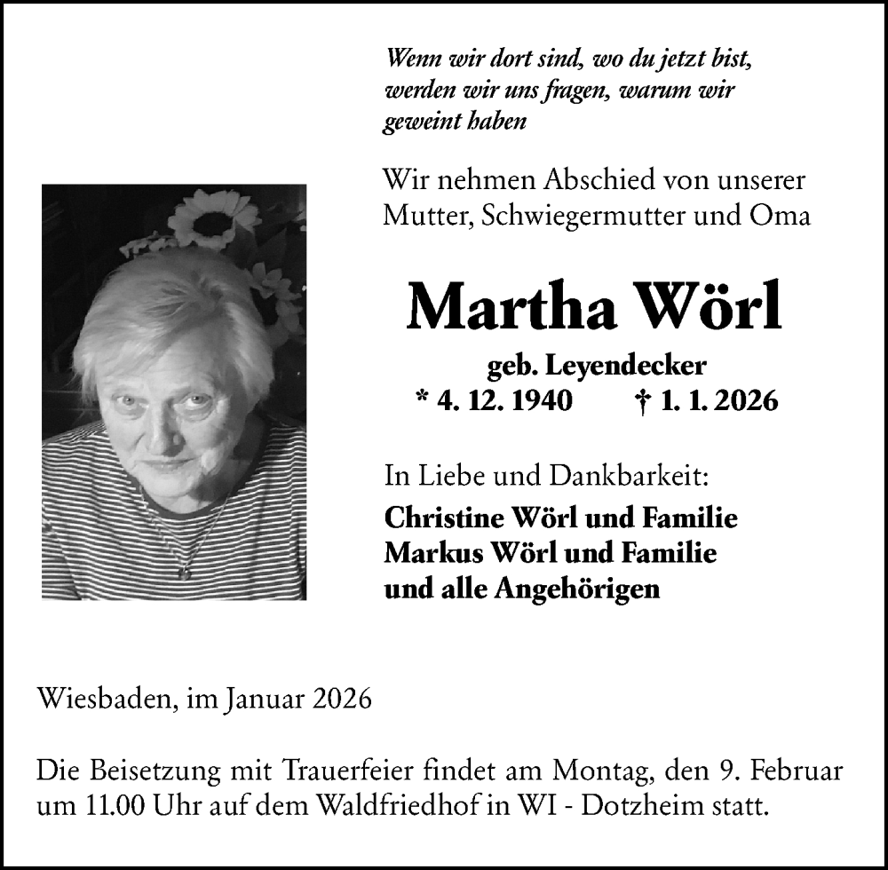  Traueranzeige für Martha Wörl vom 24.01.2026 aus Wiesbadener Kurier