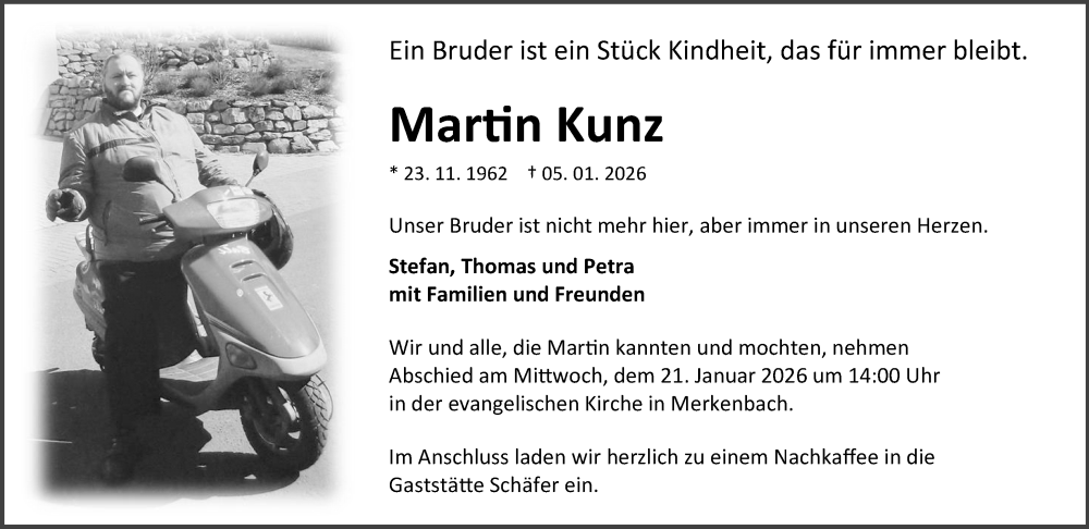  Traueranzeige für Martin Kunz vom 10.01.2026 aus Dill Block