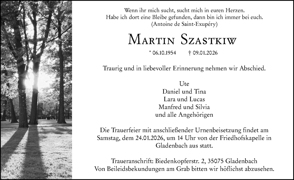  Traueranzeige für Martin Szastkiw vom 21.01.2026 aus Hinterländer Anzeiger