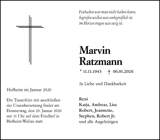 Traueranzeige von Marvin Ratzmann von Wiesbadener Kurier