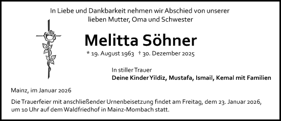 Traueranzeige von Melitta Söhner von Allgemeine Zeitung Mainz
