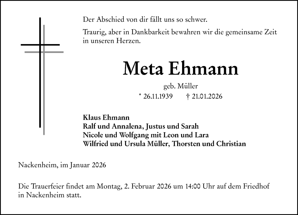  Traueranzeige für Meta Ehmann vom 24.01.2026 aus Allgemeine Zeitung Mainz
