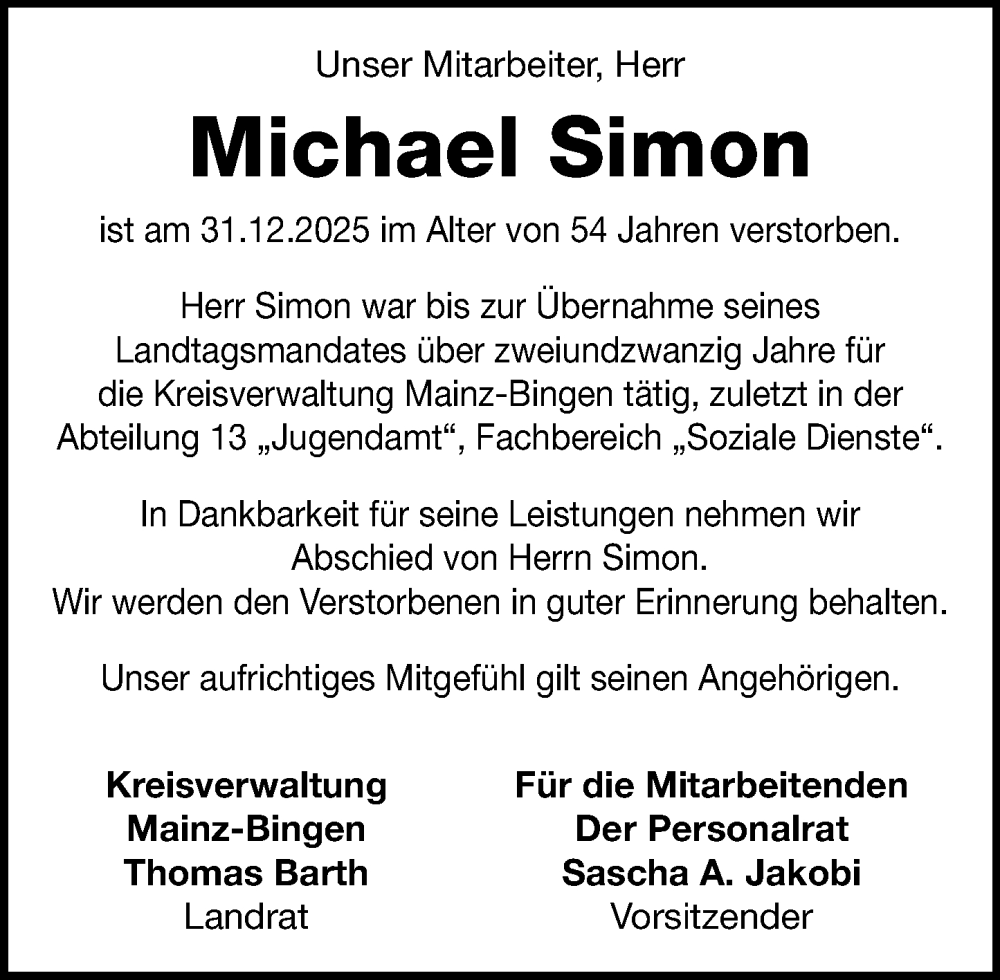  Traueranzeige für Michael Simon vom 07.01.2026 aus Allgemeine Zeitung Rheinhessen-Nahe