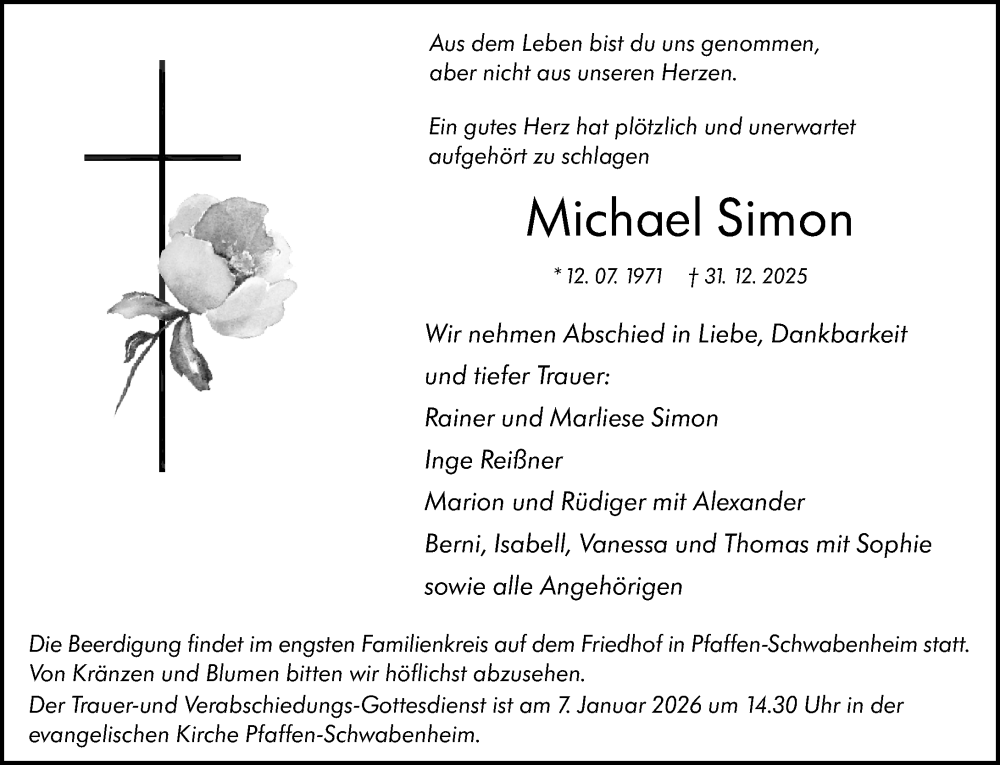  Traueranzeige für Michael Simon vom 03.01.2026 aus Allgemeine Zeitung Rheinhessen-Nahe
