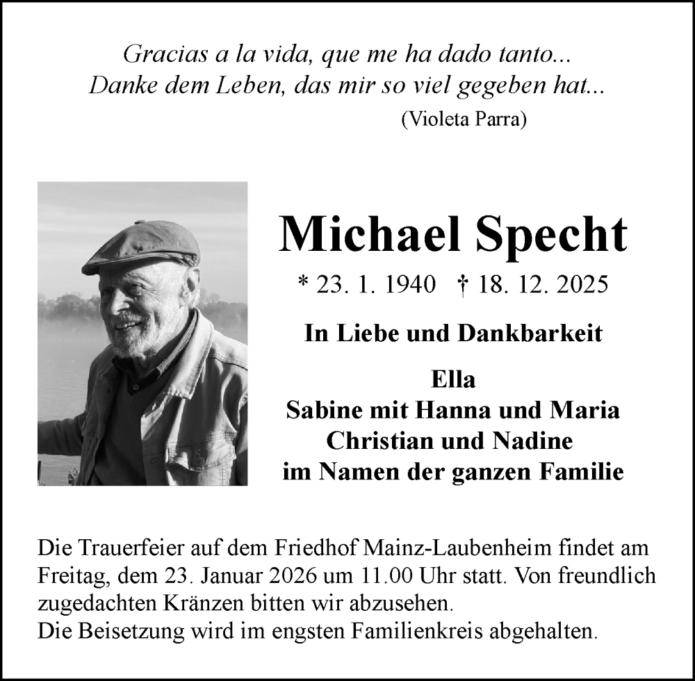  Traueranzeige für Michael Specht vom 03.01.2026 aus Allgemeine Zeitung Mainz
