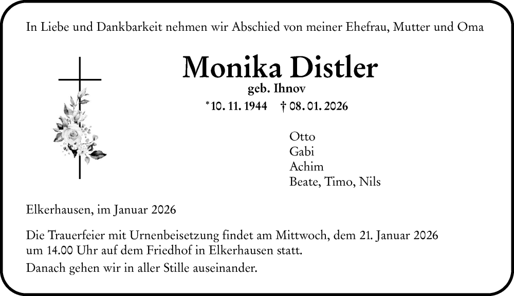  Traueranzeige für Monika Distler vom 17.01.2026 aus Weilburger Tageblatt