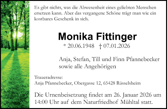 Traueranzeige von Monika Fittinger von Darmstädter Echo