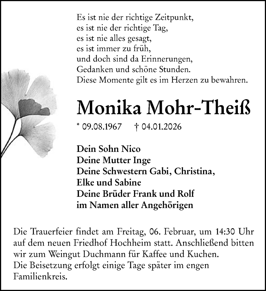  Traueranzeige für Monika Mohr-Theiß vom 23.01.2026 aus Hochheimer Zeitung