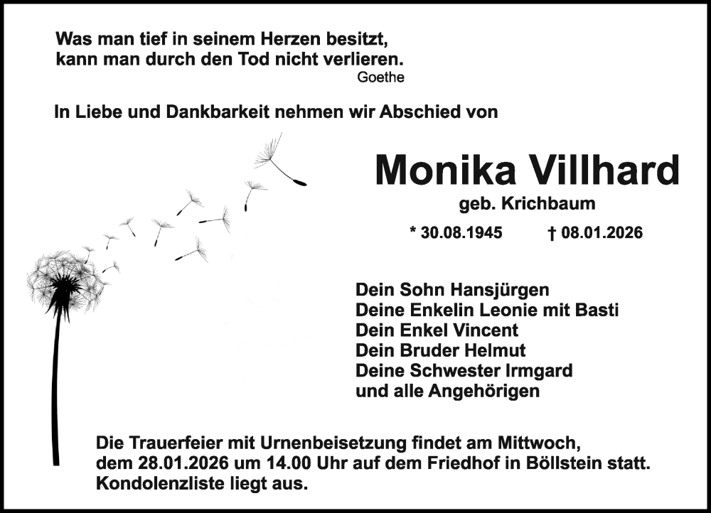  Traueranzeige für Monika Villhard vom 24.01.2026 aus Odenwälder Echo
