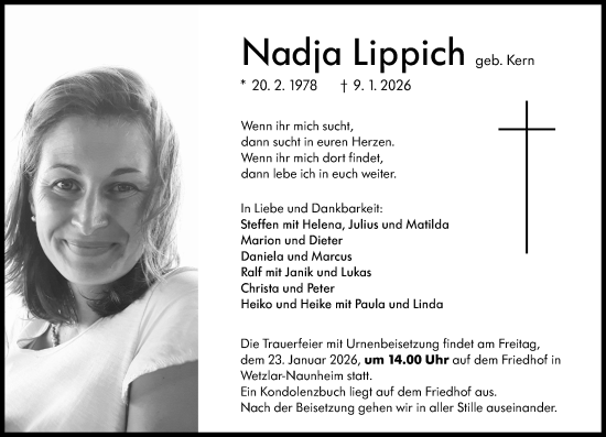 Traueranzeige von Nadja Lippich von Wetzlarer Neue Zeitung