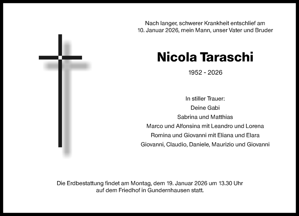  Traueranzeige für Nicola Taraschi vom 17.01.2026 aus Darmstädter Echo