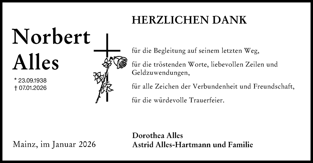  Traueranzeige für Norbert Alles vom 31.01.2026 aus Allgemeine Zeitung Mainz