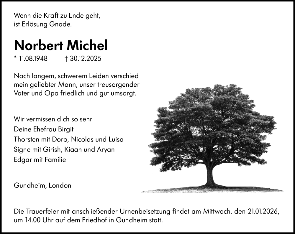  Traueranzeige für Norbert Michel vom 17.01.2026 aus Wormser Zeitung