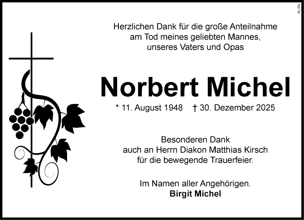  Traueranzeige für Norbert Michel vom 31.01.2026 aus Wormser Zeitung