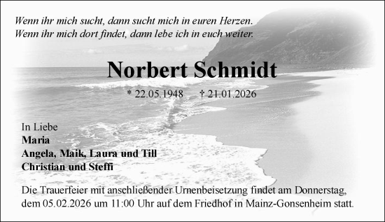 Traueranzeige von Norbert Schmidt von Allgemeine Zeitung Mainz