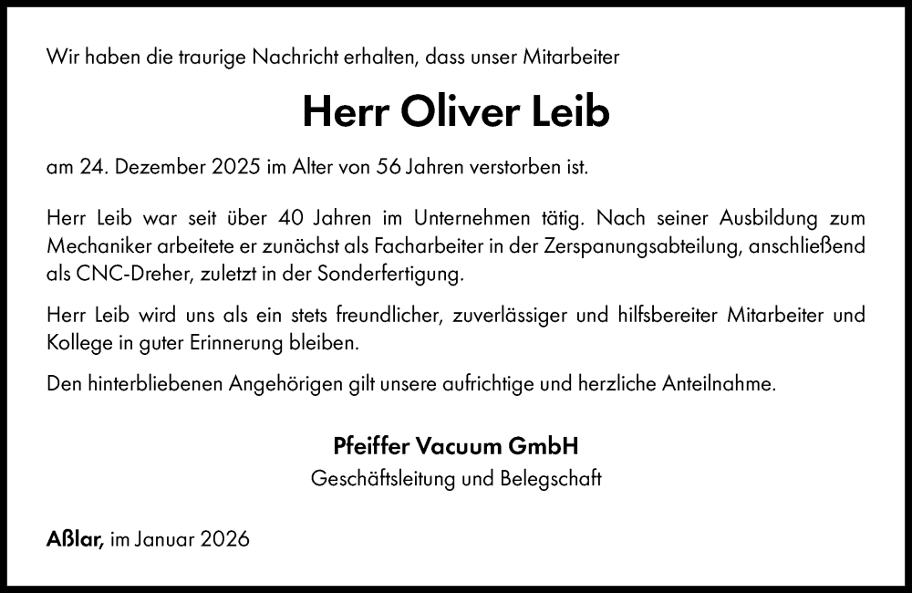  Traueranzeige für Oliver Leib vom 17.01.2026 aus Wetzlarer Neue Zeitung