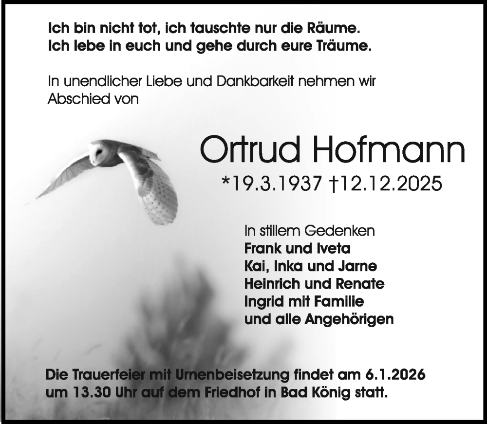  Traueranzeige für Ortrud Hofmann vom 03.01.2026 aus Odenwälder Echo