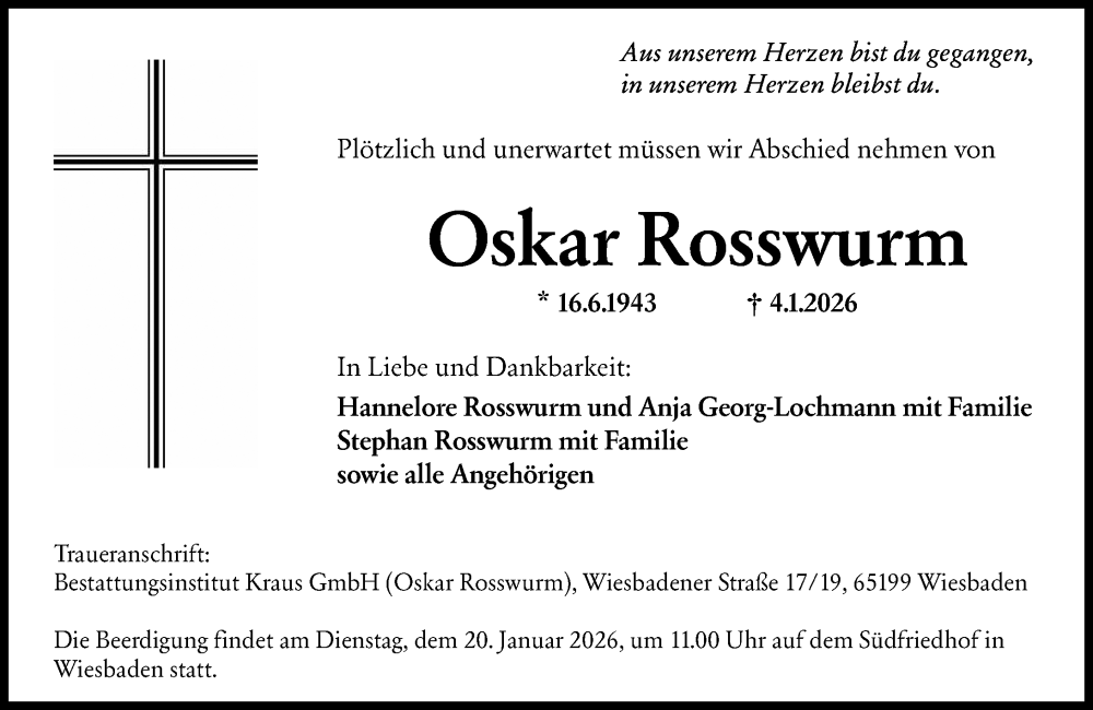  Traueranzeige für Oskar Rosswurm vom 10.01.2026 aus Wiesbadener Kurier