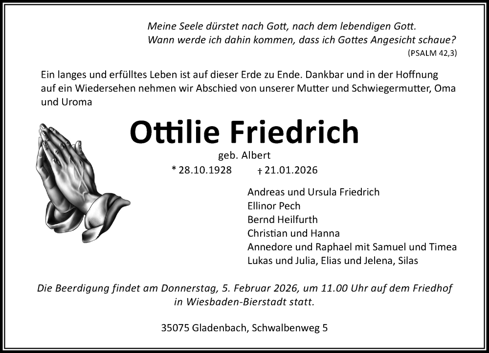  Traueranzeige für Ottilie Friedrich vom 31.01.2026 aus Wiesbadener Kurier
