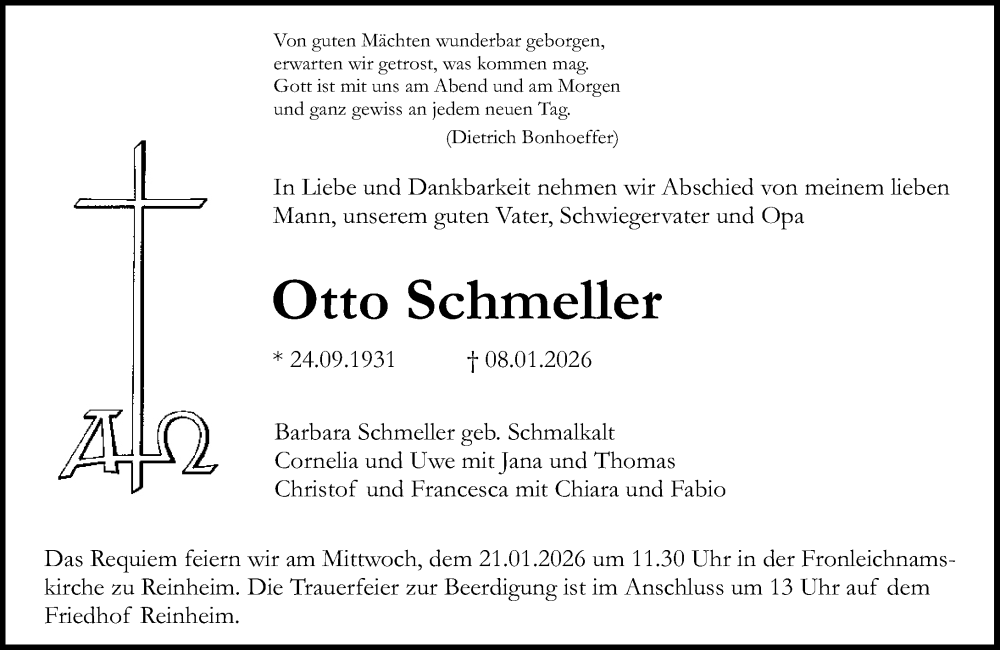 Traueranzeige für Otto Schmeller vom 17.01.2026 aus Darmstädter Echo