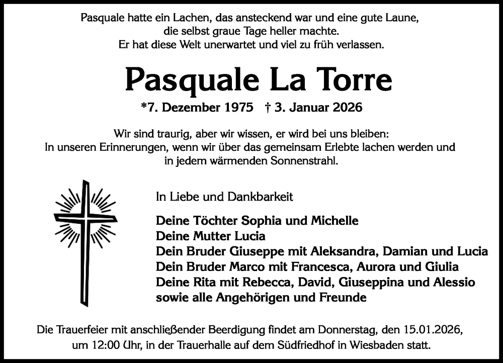  Traueranzeige für Pasquale La Torre vom 10.01.2026 aus Wiesbadener Kurier