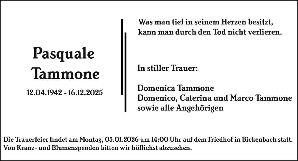  Traueranzeige für Pasquale Tammone vom 03.01.2026 aus Darmstädter Echo