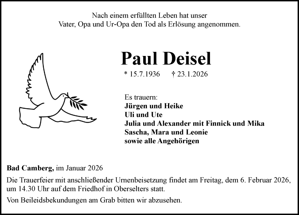  Traueranzeige für Paul Deisel vom 29.01.2026 aus Camberger Anzeiger
