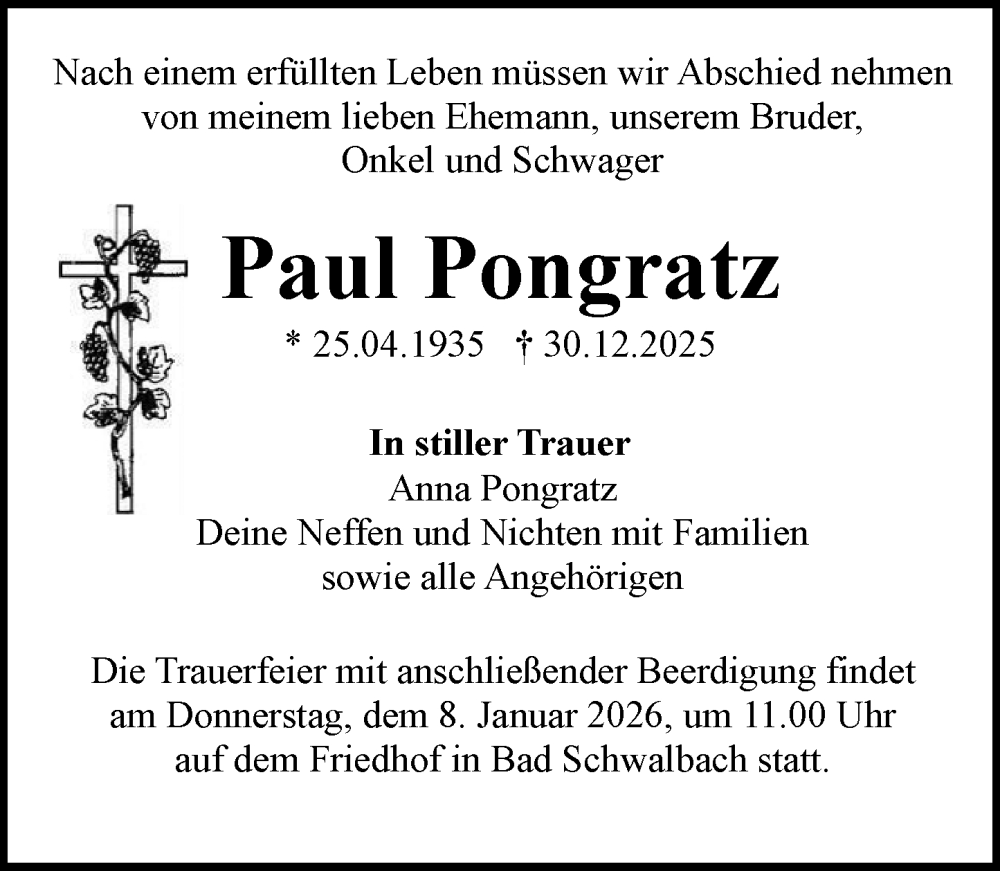  Traueranzeige für Paul Pongratz vom 03.01.2026 aus Idsteiner Land/Untertaunus